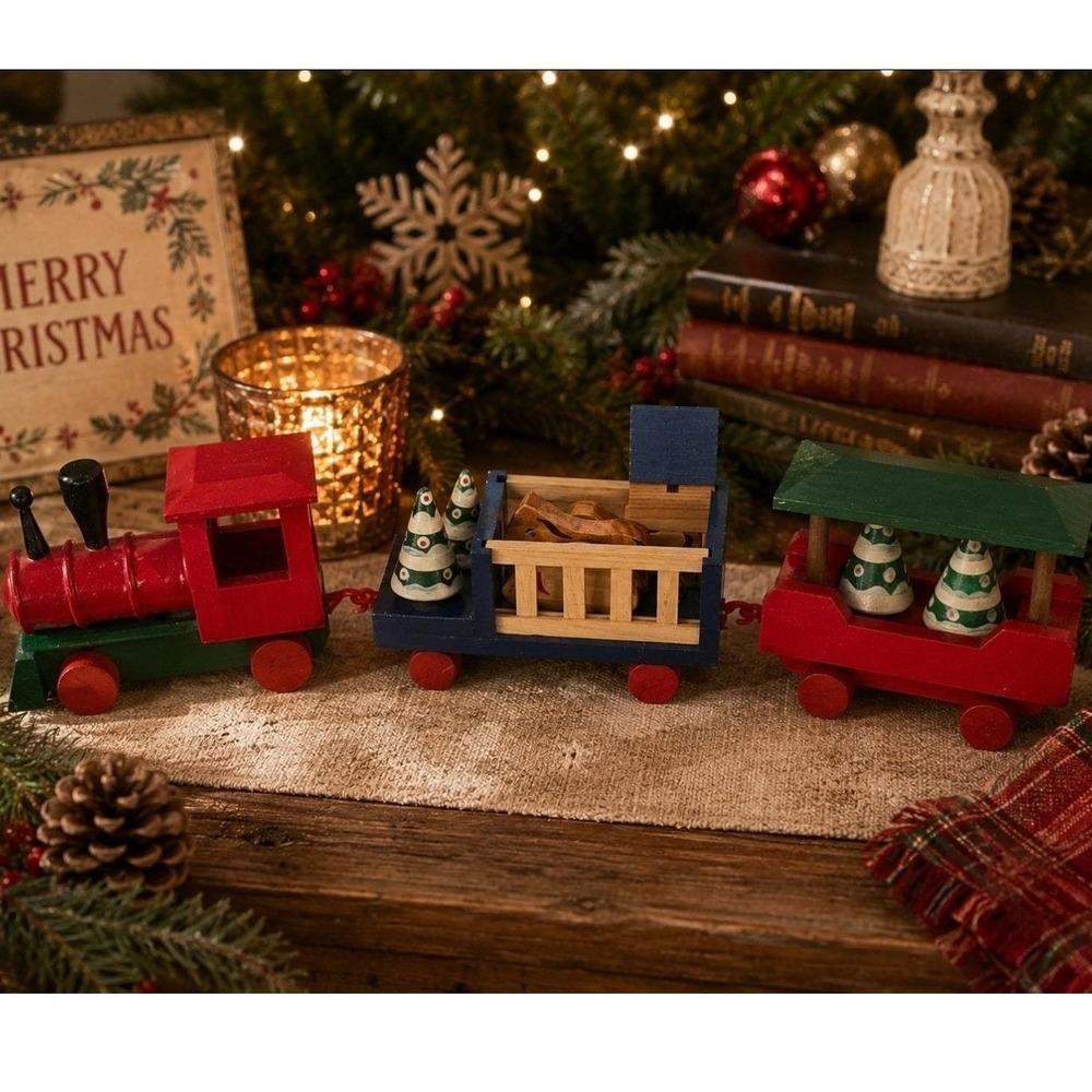 Vintage Windsor Collection 11 Pc Wooden Christmas Train Set w/ Original Box